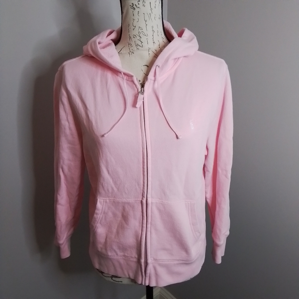 Ralph Lauren Sport Cotton Full Zip 3/4 Sleeve Hoodie Pink White - L Fits Like M